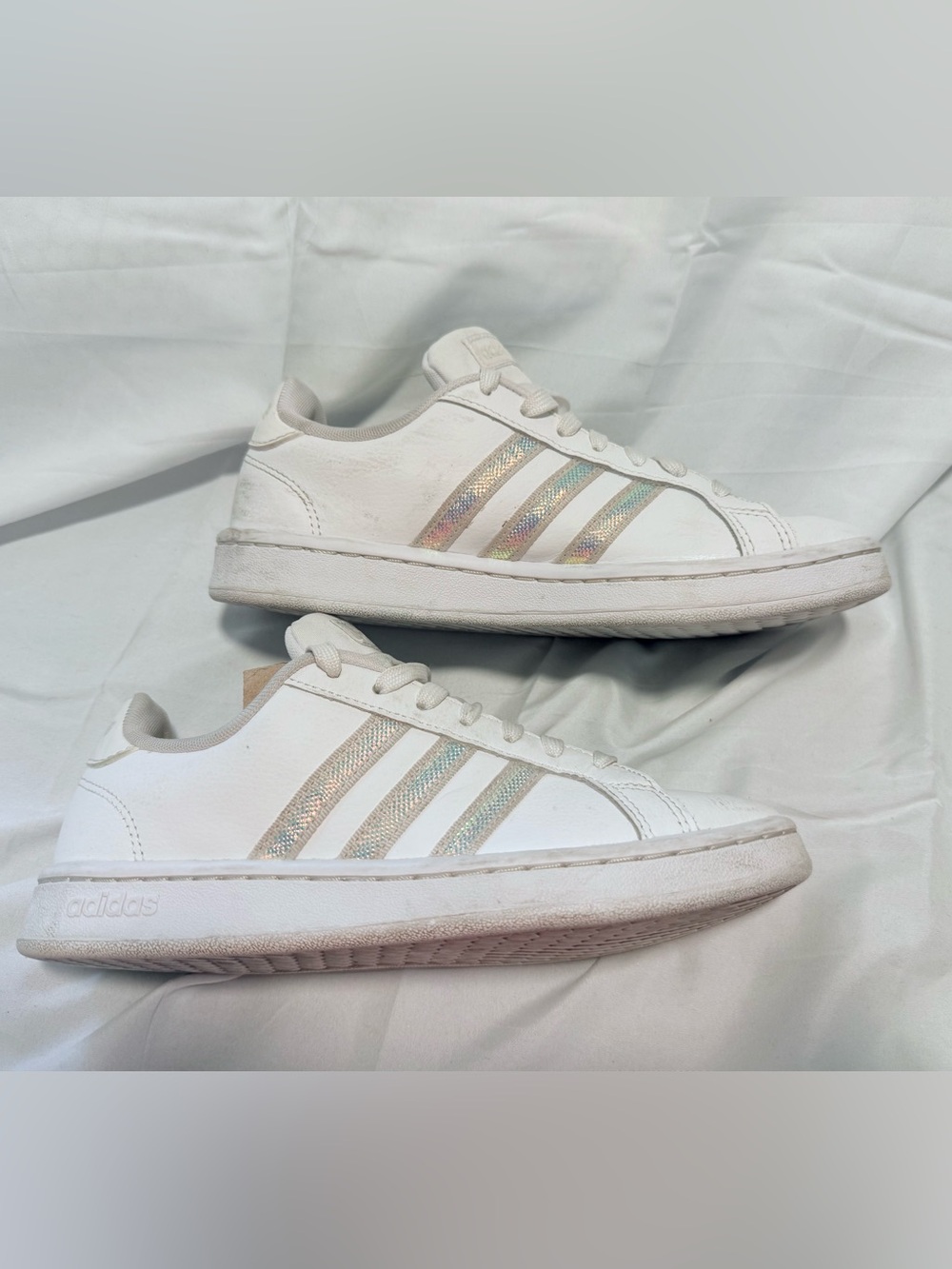 Adidas White Low-Top Sneakers with Iridescent Stripes -Size 6